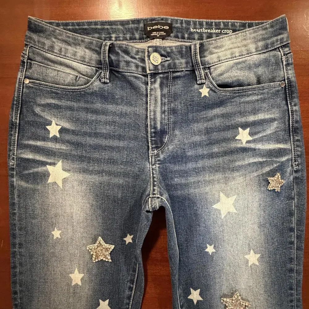 Bebe Heartbreaker Crop Stars Jeans Constellation Wash Embellished Rhinestone 28 - Picture 6 of 16